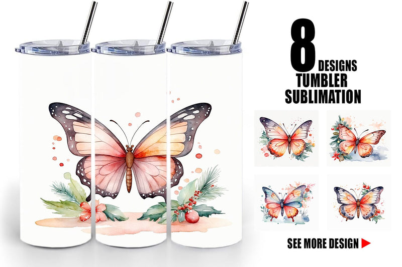 Tumbler Wrap Watercolor Christmas Butterfly Sublimation artnoy 