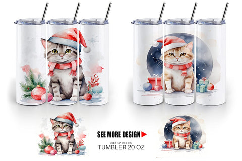 Tumbler Wrap Watercolor Christmas Cat Sublimation artnoy 