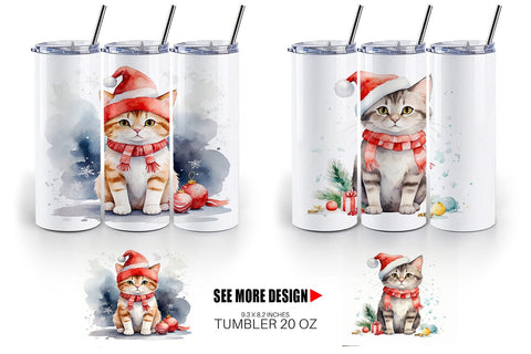 Tumbler Wrap Watercolor Christmas Cat Sublimation artnoy 