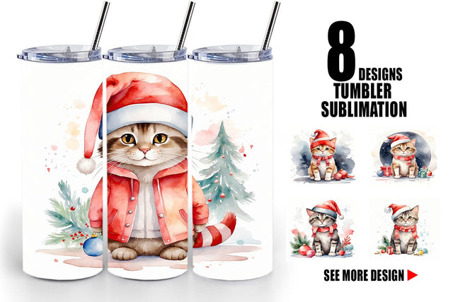 Tumbler Wrap Watercolor Christmas Cat Sublimation artnoy 