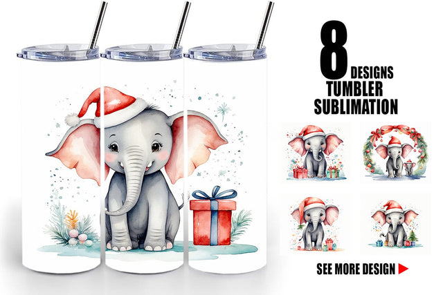 Tumbler Wrap Watercolor Christmas Elephant Sublimation artnoy 