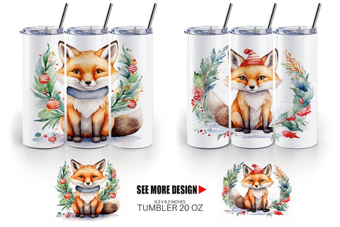 Tumbler Wrap Watercolor Christmas Fox Sublimation artnoy 