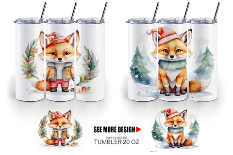 Tumbler Wrap Watercolor Christmas Fox Sublimation artnoy 