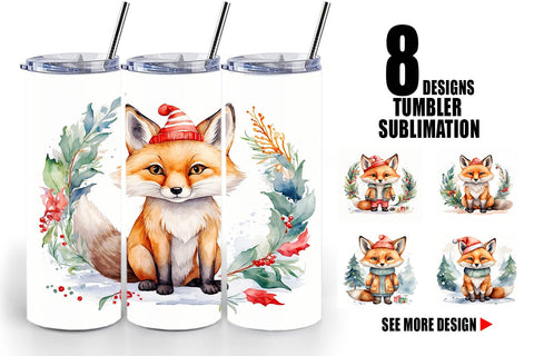 Tumbler Wrap Watercolor Christmas Fox Sublimation artnoy 