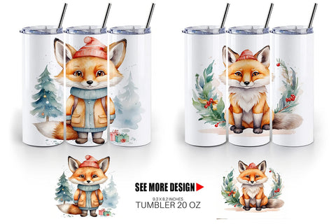 Tumbler Wrap Watercolor Christmas Fox Sublimation artnoy 