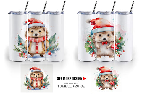 Tumbler Wrap Watercolor Christmas Hedgehog Sublimation artnoy 
