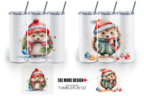 Tumbler Wrap Watercolor Christmas Hedgehog Sublimation artnoy 