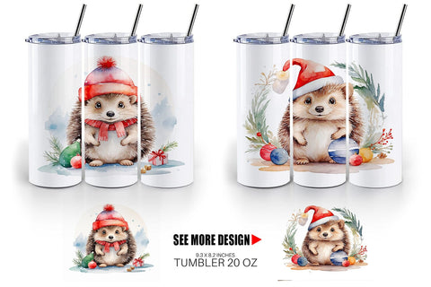 Tumbler Wrap Watercolor Christmas Hedgehog Sublimation artnoy 