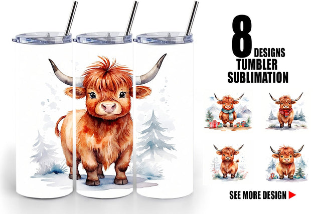 Tumbler Wrap Watercolor Christmas Highland Cow Sublimation artnoy 