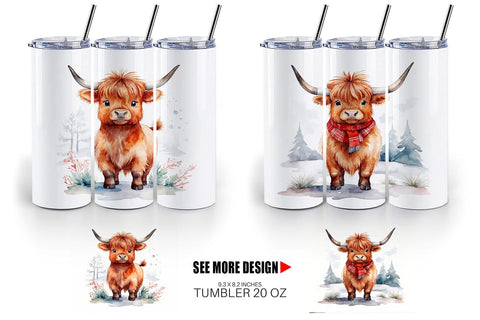 Tumbler Wrap Watercolor Christmas Highland Cow Sublimation artnoy 