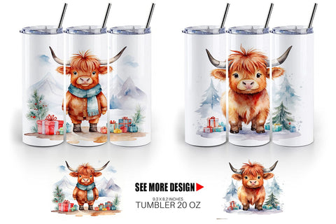 Tumbler Wrap Watercolor Christmas Highland Cow Sublimation artnoy 