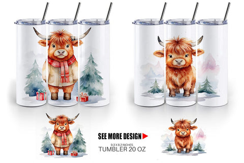 Tumbler Wrap Watercolor Christmas Highland Cow Sublimation artnoy 