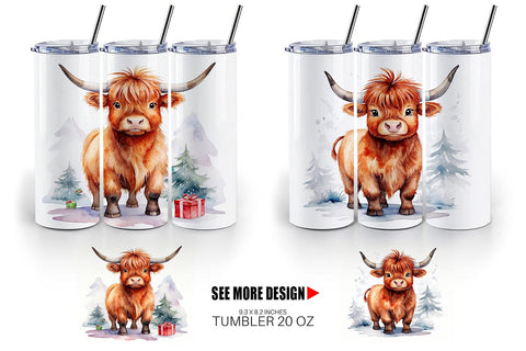 Tumbler Wrap Watercolor Christmas Highland Cow Sublimation artnoy 