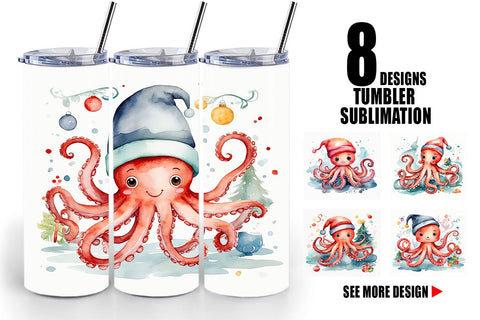Tumbler Wrap Watercolor Christmas Octopus Sublimation artnoy 