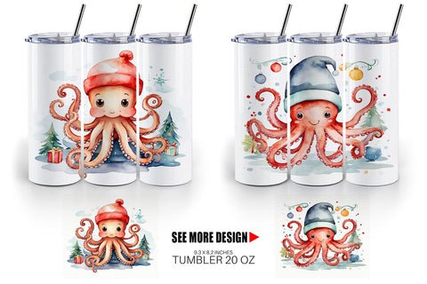 Tumbler Wrap Watercolor Christmas Octopus Sublimation artnoy 