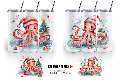 Tumbler Wrap Watercolor Christmas Octopus Sublimation artnoy 