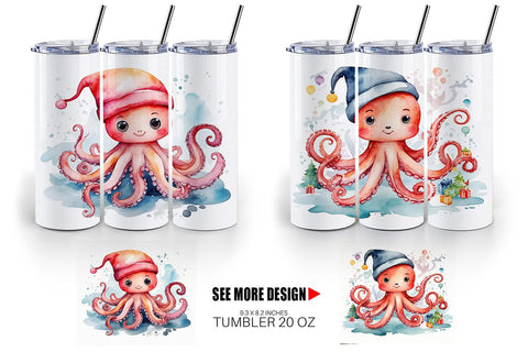 Tumbler Wrap Watercolor Christmas Octopus Sublimation artnoy 