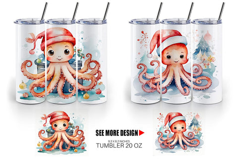 Tumbler Wrap Watercolor Christmas Octopus Sublimation artnoy 