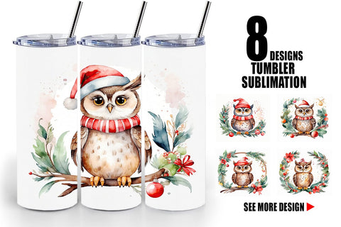 Tumbler Wrap Watercolor Christmas Owl Sublimation artnoy 