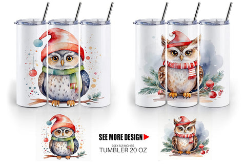 Tumbler Wrap Watercolor Christmas Owl Sublimation artnoy 