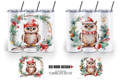 Tumbler Wrap Watercolor Christmas Owl Sublimation artnoy 