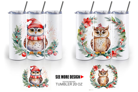 Tumbler Wrap Watercolor Christmas Owl Sublimation artnoy 