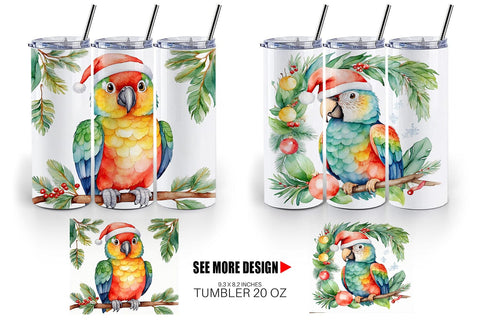 Tumbler Wrap Watercolor Christmas Parrot Sublimation artnoy 