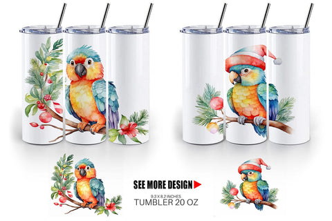 Tumbler Wrap Watercolor Christmas Parrot Sublimation artnoy 