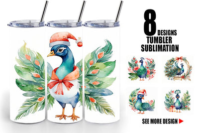 Tumbler Wrap Watercolor Christmas Peacock Sublimation artnoy 