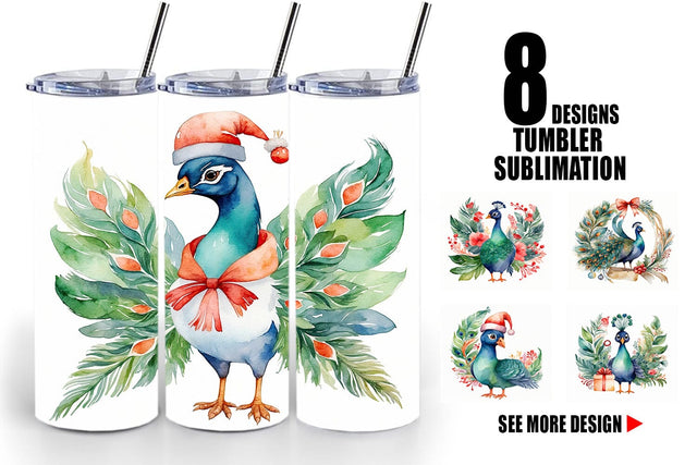 Tumbler Wrap Watercolor Christmas Peacock Sublimation artnoy 