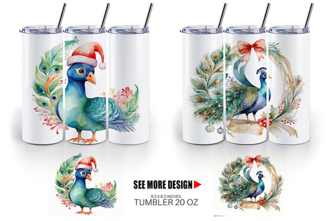 Tumbler Wrap Watercolor Christmas Peacock Sublimation artnoy 