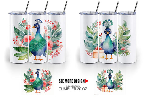 Tumbler Wrap Watercolor Christmas Peacock Sublimation artnoy 