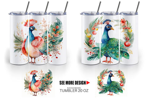 Tumbler Wrap Watercolor Christmas Peacock Sublimation artnoy 