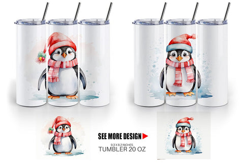 Tumbler Wrap Watercolor Christmas Penguin Sublimation artnoy 