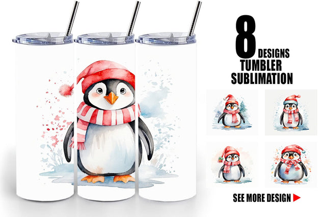 Tumbler Wrap Watercolor Christmas Penguin Sublimation artnoy 