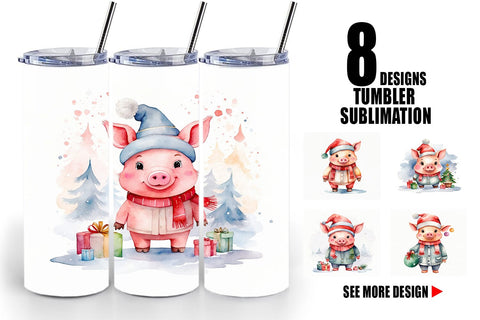 Tumbler Wrap Watercolor Christmas Pig Sublimation artnoy 