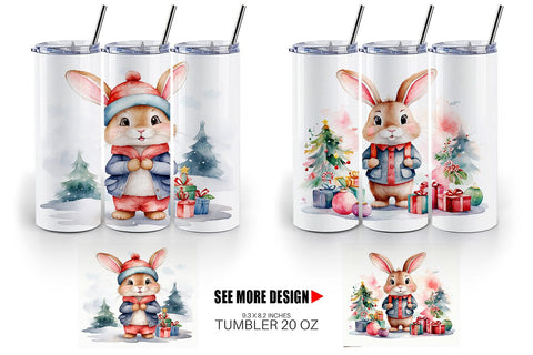 Tumbler Wrap Watercolor Christmas Rabbit Sublimation artnoy 