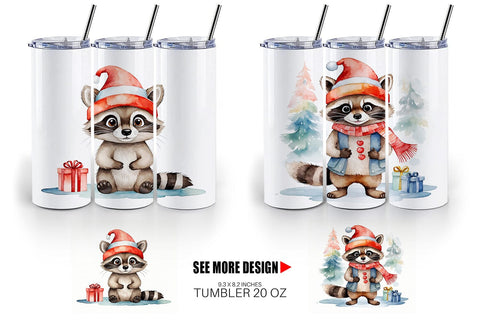 Tumbler Wrap Watercolor Christmas Raccoon Sublimation artnoy 