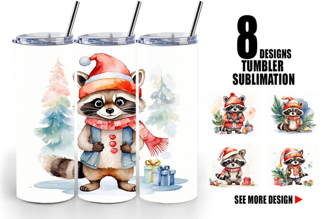 Tumbler Wrap Watercolor Christmas Raccoon Sublimation artnoy 