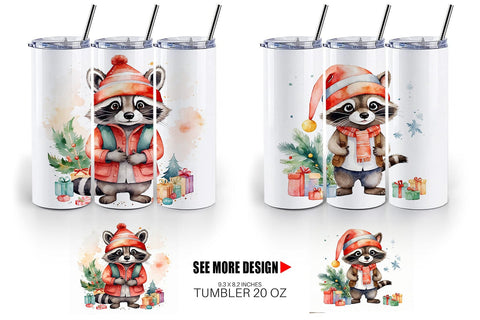 Tumbler Wrap Watercolor Christmas Raccoon Sublimation artnoy 