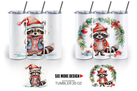 Tumbler Wrap Watercolor Christmas Raccoon Sublimation artnoy 