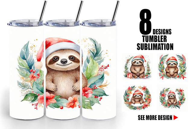 Tumbler Wrap Watercolor Christmas sloth Sublimation artnoy 