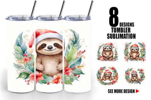 Tumbler Wrap Watercolor Christmas sloth Sublimation artnoy 