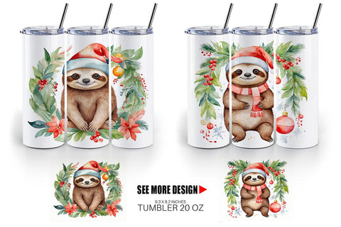 Tumbler Wrap Watercolor Christmas sloth Sublimation artnoy 
