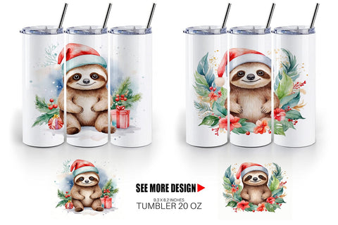 Tumbler Wrap Watercolor Christmas sloth Sublimation artnoy 