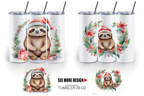 Tumbler Wrap Watercolor Christmas sloth Sublimation artnoy 