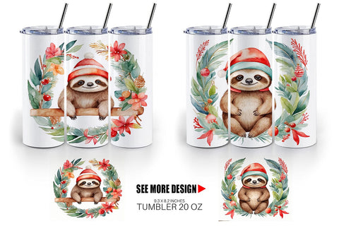Tumbler Wrap Watercolor Christmas sloth Sublimation artnoy 