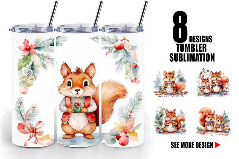 Tumbler Wrap Watercolor Christmas Squirrel Sublimation artnoy 