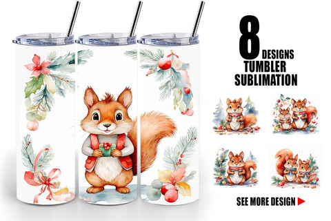 Tumbler Wrap Watercolor Christmas Squirrel Sublimation artnoy 