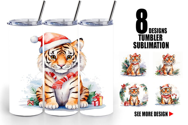 Tumbler Wrap Watercolor Christmas Tiger Sublimation artnoy 